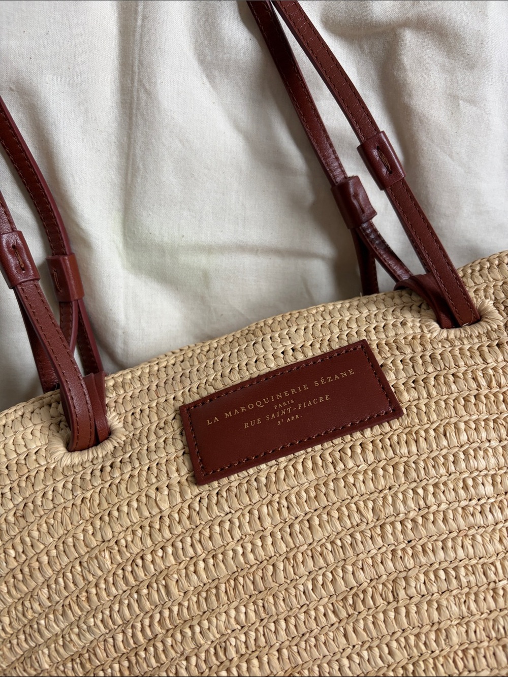 Woven Justine Raffia Straw Tote Bag with Brown Leather Trim - Picture 3 of 7